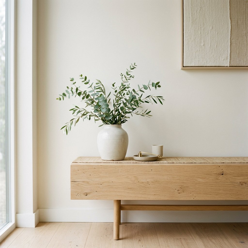 Minimalist wooden console vase twigs